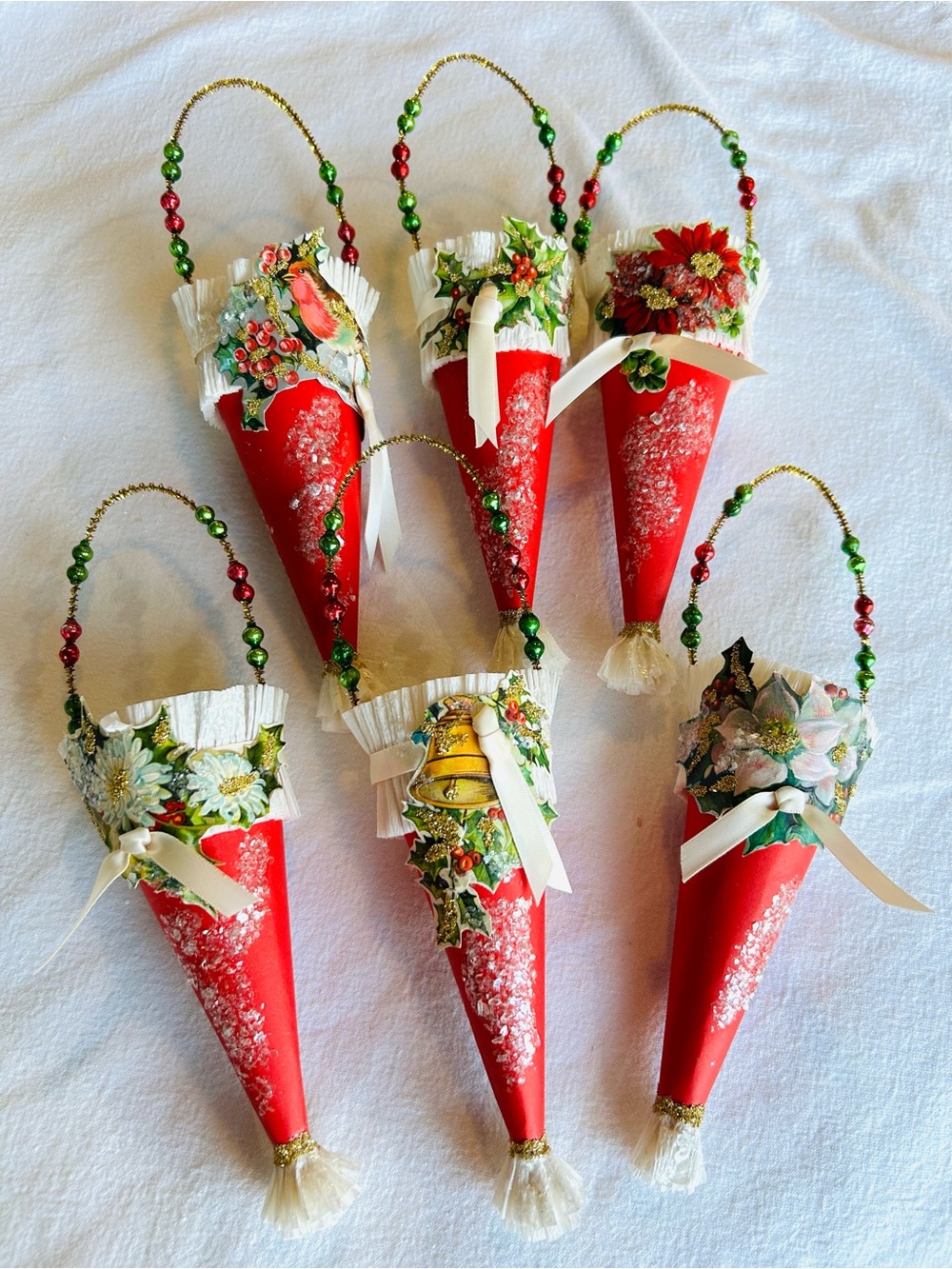 6 Vintage repurposed holiday Christmas Candy Cone Ornaments